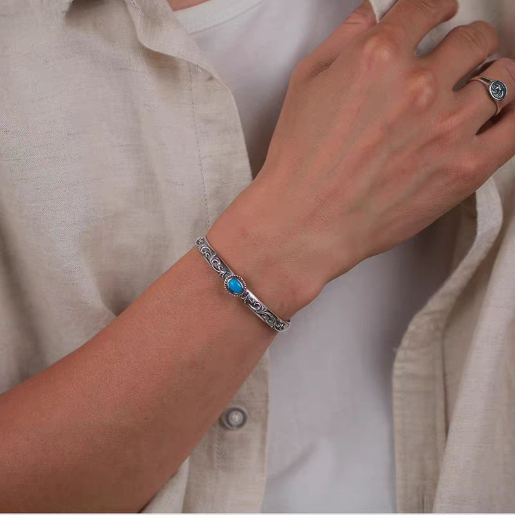 Oceanora 핸드카빙 터쿼이즈 925 실버 뱅글--2