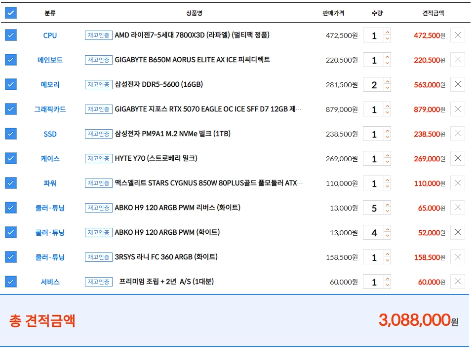 고성능 핑크 게이밍 PC (라이젠 7 7800X3D & RTX 5070 & RAM 32GB) 이미지