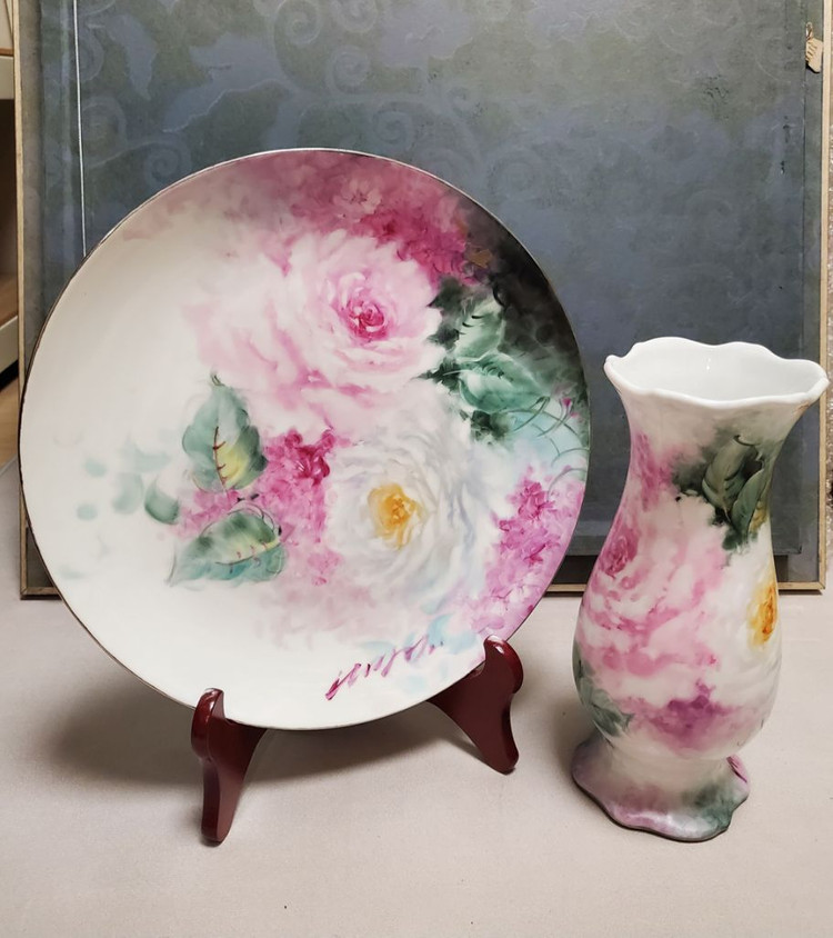 포슬린 아트 도자기 작품-로즈 화병&접시 일괄--1