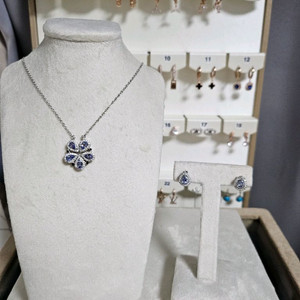 925. 실버 탄자나이트 헤일로 세팅 목걸이 귀걸이 세트