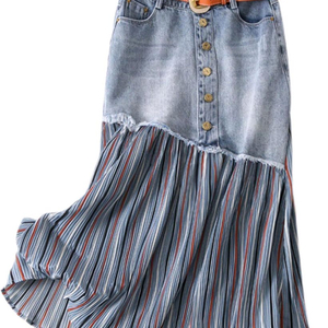 데님 스트라이프 플리츠 스커트 MEOKIM 여성용 로우 엣지 데님 스커트 불규칙한 스플라이싱 주름 하이웨이스트 슬림