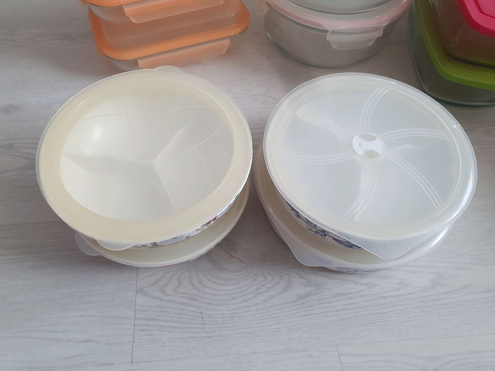 쯔비벨블루 동서 3칸 접시 밀폐 용기 4개 일괄. 새상품 대용량 꽃무늬 도자기 분할 찬통 그릇 3구 3절 이미지