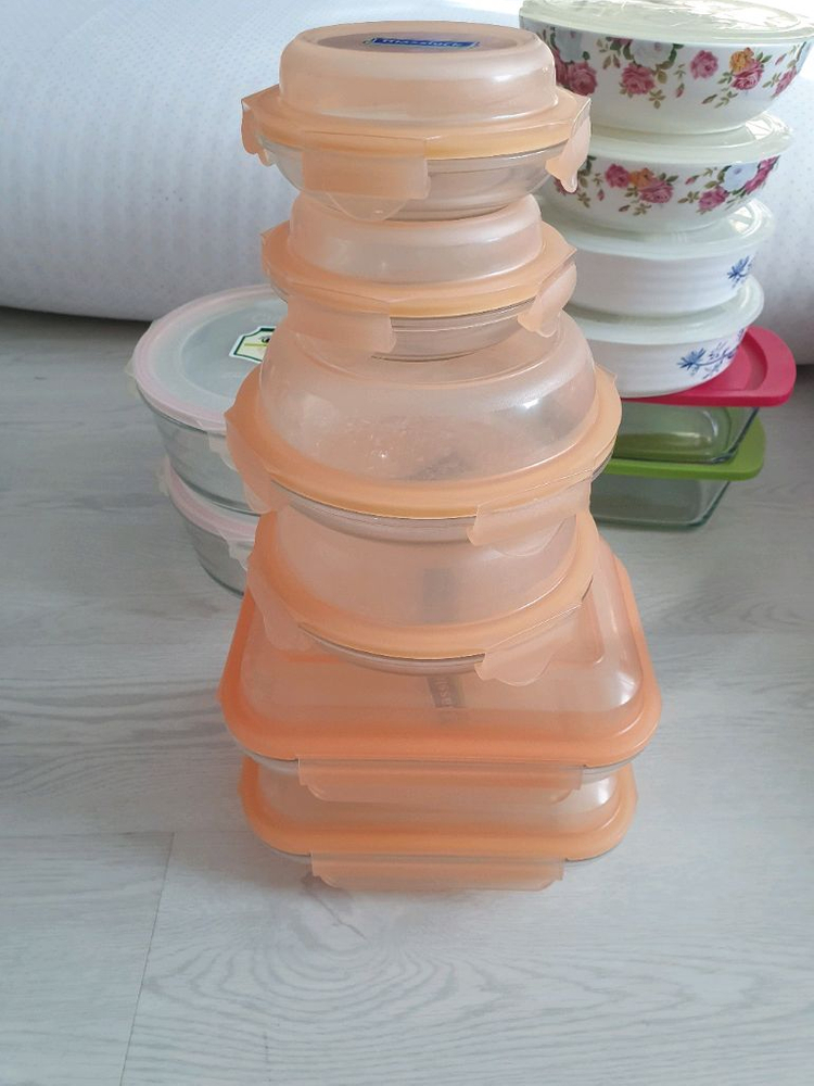 글라스락 원형 직각 유리 접시 밀폐용기 6개 일괄. 새상품 돔형 반찬통 케익 빵 샐러드 잡채 보관용기 이미지