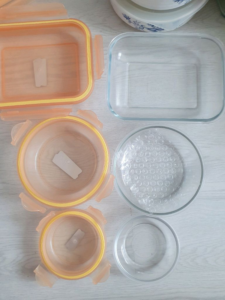 글라스락 원형 직각 유리 접시 밀폐용기 6개 일괄. 새상품 돔형 반찬통 케익 빵 샐러드 잡채 보관용기 이미지