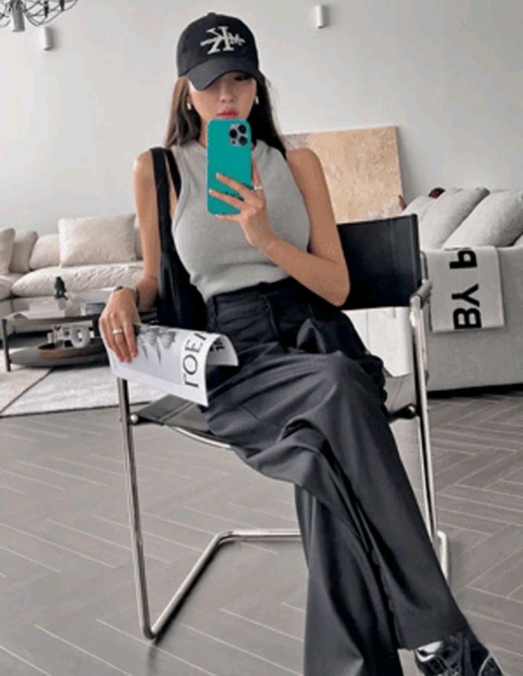 더핀 새상품 핀턱 와이드 팬츠 슬랙스 롱팬츠 밴딩바지--2