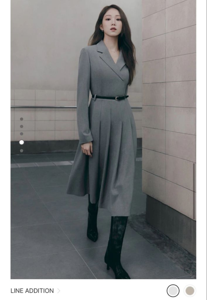 (라인 어디션)벨티드 플리츠 원피스(새상품, 77사이즈, 멜란지 그레이, 정가 35만원, 하객룩 추천)--1