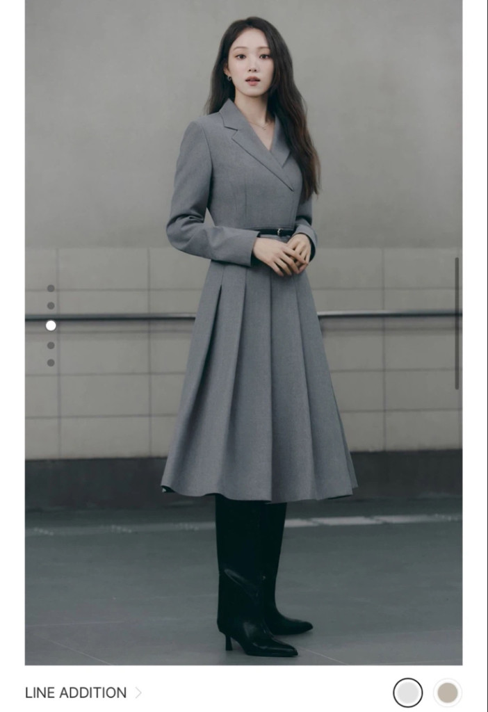 (라인 어디션)벨티드 플리츠 원피스(새상품, 77사이즈, 멜란지 그레이, 정가 35만원, 하객룩 추천)--2