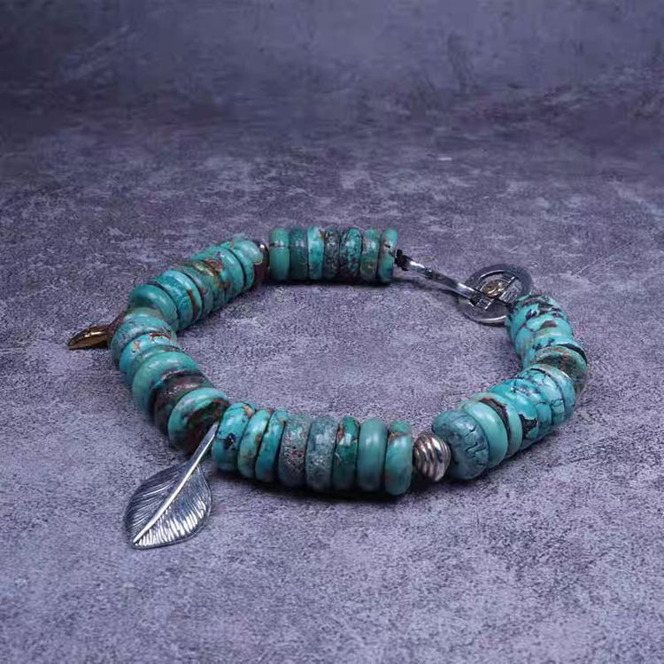 Oceanora 오리지널 인디언 스타일 실버 비드 천연 터키석 팔찌--2