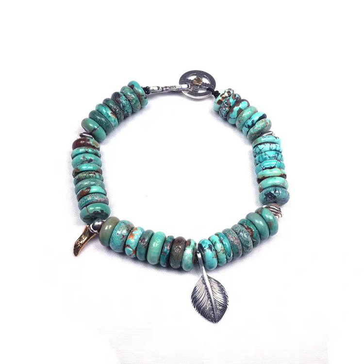 Oceanora 오리지널 인디언 스타일 실버 비드 천연 터키석 팔찌--4