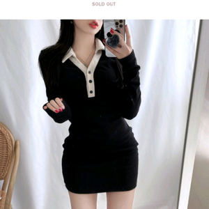 블랙 카라 배색 원피스 S 미니 데이트룩 클럽룩 큐티섹시 몸매 슬림핏 홀복 검정 긴팔 베이직 이미지