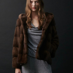 블랑쇼 호리젠탈 마호가니 밍크 후드 코트