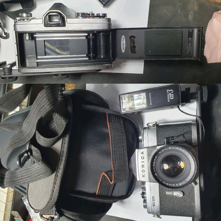 수동 빈티지 기계식 필름카메라 세트/코니카 FP+52mm렌즈 마운트+스트로브+가방/레트로 로모 앤틱 감성 필카--2