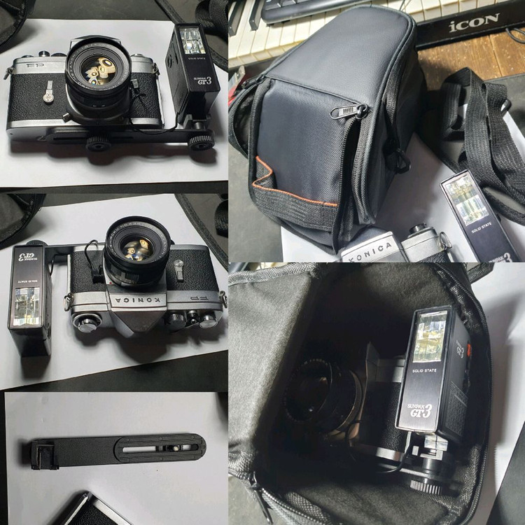 수동 빈티지 기계식 필름카메라 세트/코니카 FP+52mm렌즈 마운트+스트로브+가방/레트로 로모 앤틱 감성 필카--3