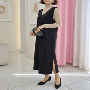 옆트임 레이어드 브이넥 니트 롱 원피스 벨트세트