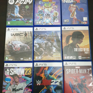 PS5 게임 타이틀 (FC24 드래곤볼 nba WRC9 몬헌 와일즈 라스트오브어스 더쇼 스파이더맨2 이미지