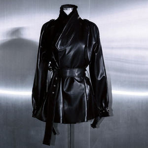 TM3 블랙 퍼 페이크 레더 두루마기 하프코트 Lsize