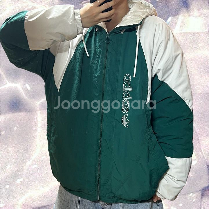 아디다스 아디컬러 올드스쿨 빅로고 후드 누빔 패딩 점퍼 흰초 그린 L--1
