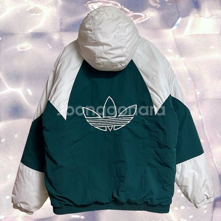 아디다스 아디컬러 올드스쿨 빅로고 후드 누빔 패딩 점퍼 흰초 그린 L--5