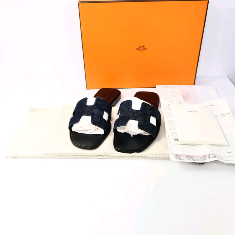 에르메스 H로고 데님 오란 슬리퍼 37/240--7
