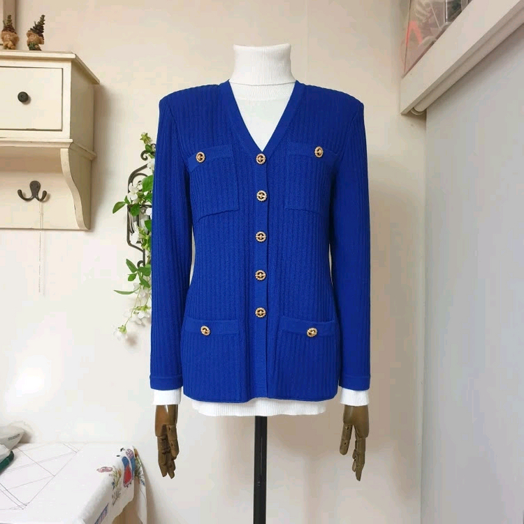 명품 ST.JOHN 센존 컬렉션 금장매듭버튼 로얄블루 골지 니트 자켓 이미지