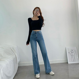 (S) 여성 하이 세미와이드 팬츠 세미부츠컷 청바지 이미지