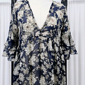 V넥 쉬폰 블라우스 시스루블라우스 플라워 프릴 블라우스