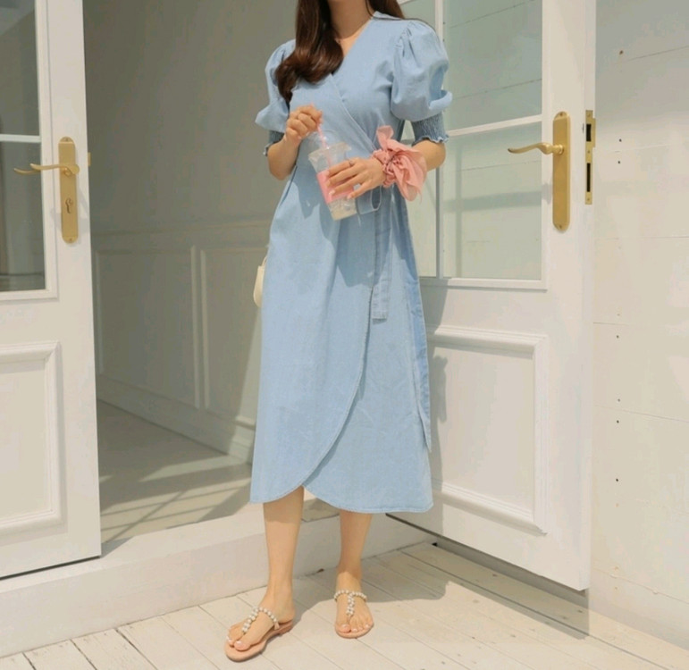 새상품) 여름 반팔 데님 원피스 / 데님 랩 원피스 이미지