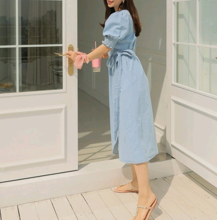 새상품) 여름 반팔 데님 원피스 / 데님 랩 원피스 이미지