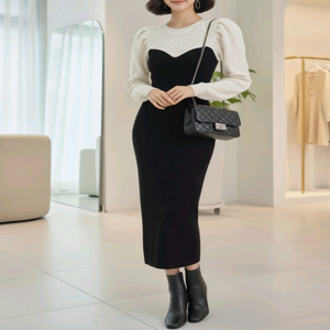 퍼프 소매 배색 니트 롱 원피스 하객룩 데이트룩 슬림핏ㅡ무배