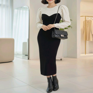 퍼프 소매 배색 니트 롱 원피스 하객룩 데이트룩 슬림핏ㅡ무배