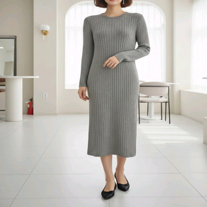 여리핏 세로 골지 라운드 니트 맥시 롱 원피스ㅡ무배