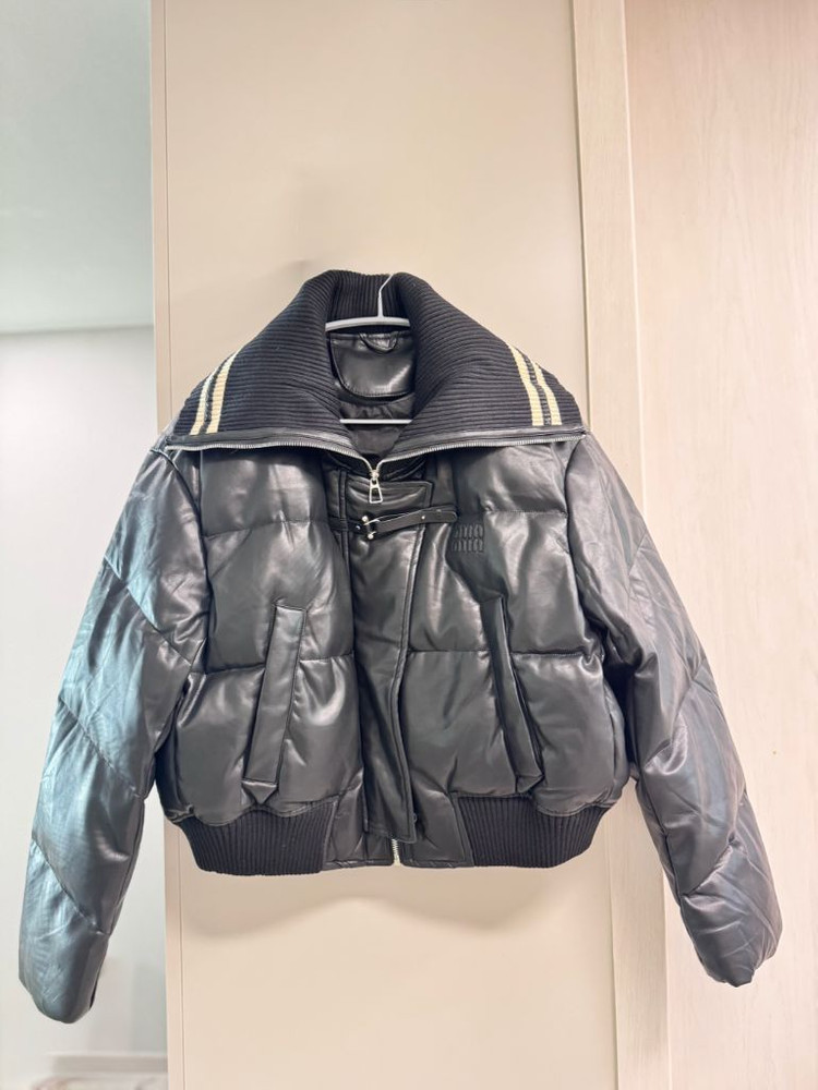 새상품)) 뮤 블랙 레더 숏패딩 (덕다운) 프리사이즈 77까지가능--4