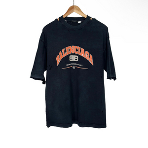 [M] 발렌시아가 남성 그래픽 로고 빈티지 프린팅 반팔 티셔츠 블랙