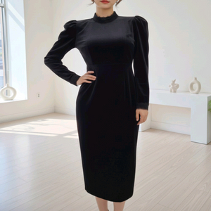 럭셔리 벨벳 퍼프 소매 레이스 하이넥 타이 리본 롱 원피스(S)ㅡ무배