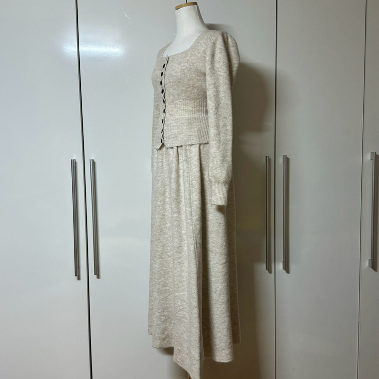 스퀘어넥 단추 니트 + 롱 밴딩 맥시 니트 스커트 세트 투피스 셋업--6