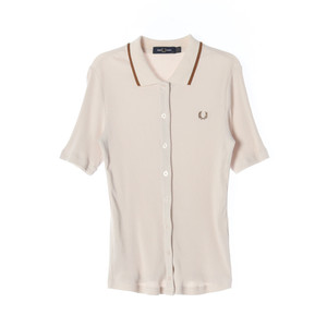 [M]프레드페리 베이지 골지 반팔 카라 니트 가디건 폴로셔츠 이미지