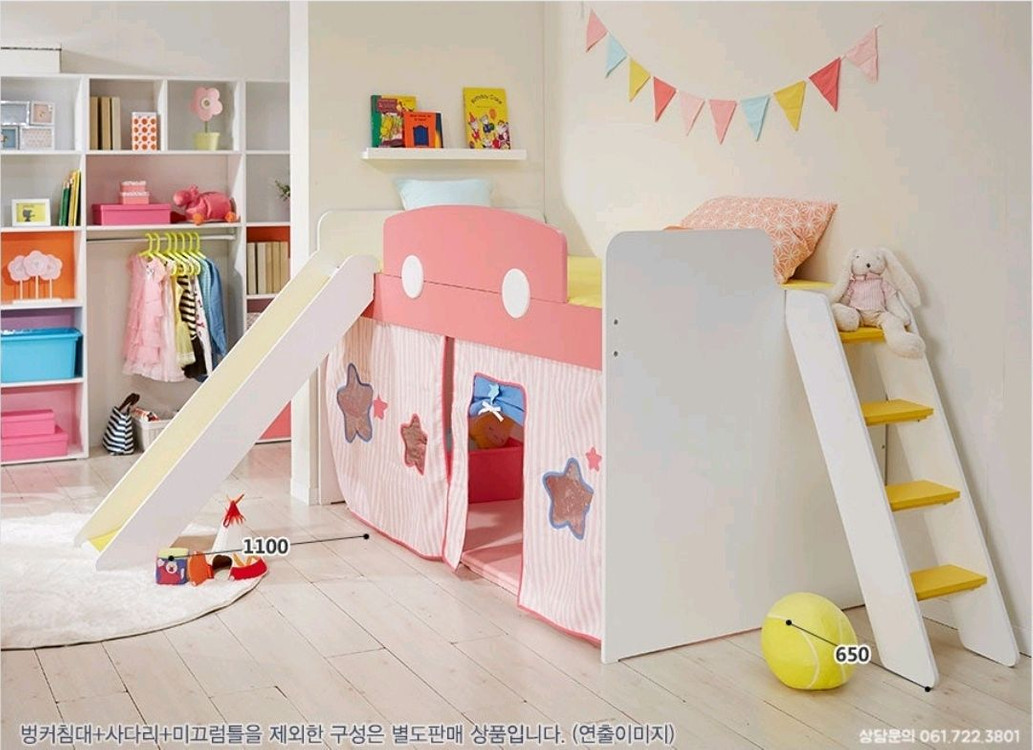 미끄럼틀 2층 벙커침대+동굴텐트+1층커튼+SS매트리스(풀세트) 이미지