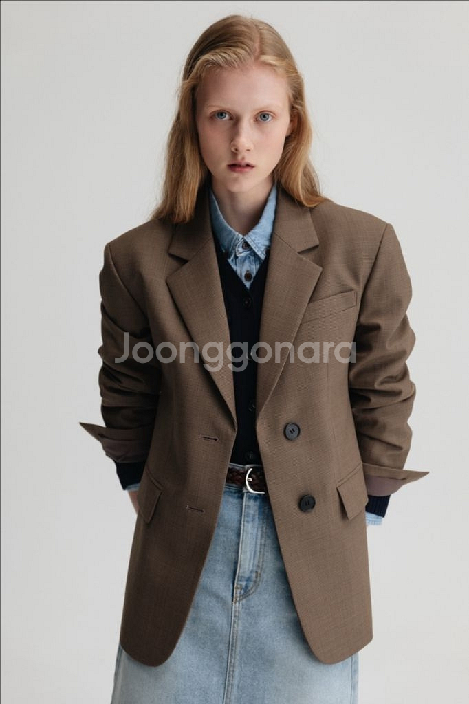 (1회착용) 던스트 투 버튼 울 블레이저 자켓 브라운 체크--2