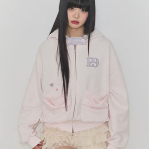 [일리고]체커 보우 포켓 후드 집업 베이비 핑크 니트 티셔츠 후드티