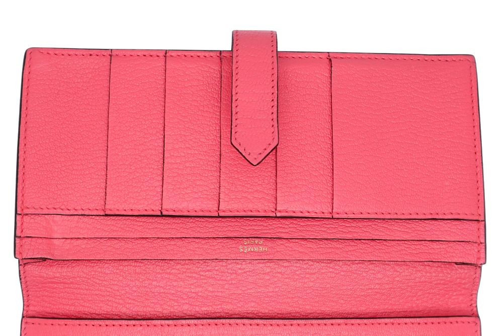 에르메스 베안 소플렛 딥로즈 핑크 쉐브레 마이소르 금장 장지갑 X각인 카드포켓 5개--4