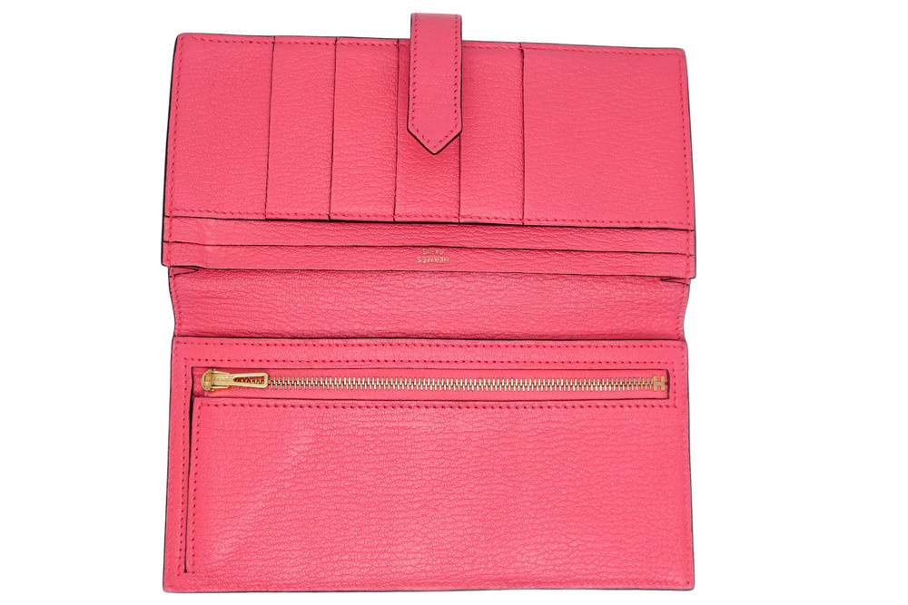 에르메스 베안 소플렛 딥로즈 핑크 쉐브레 마이소르 금장 장지갑 X각인 카드포켓 5개--2
