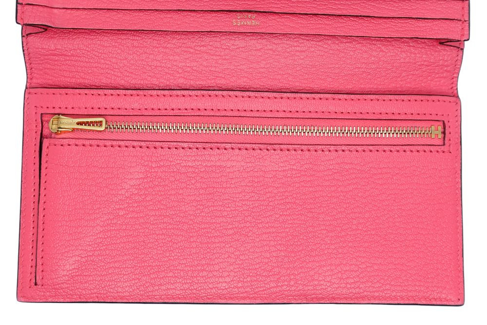 에르메스 베안 소플렛 딥로즈 핑크 쉐브레 마이소르 금장 장지갑 X각인 카드포켓 5개--3