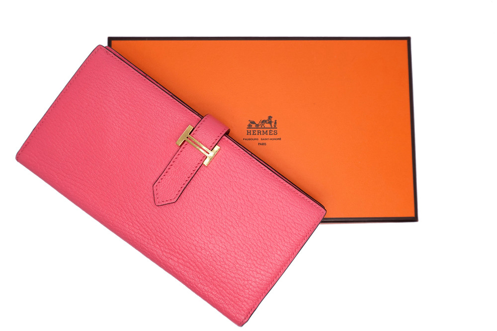 에르메스 베안 소플렛 딥로즈 핑크 쉐브레 마이소르 금장 장지갑 X각인 카드포켓 5개--9