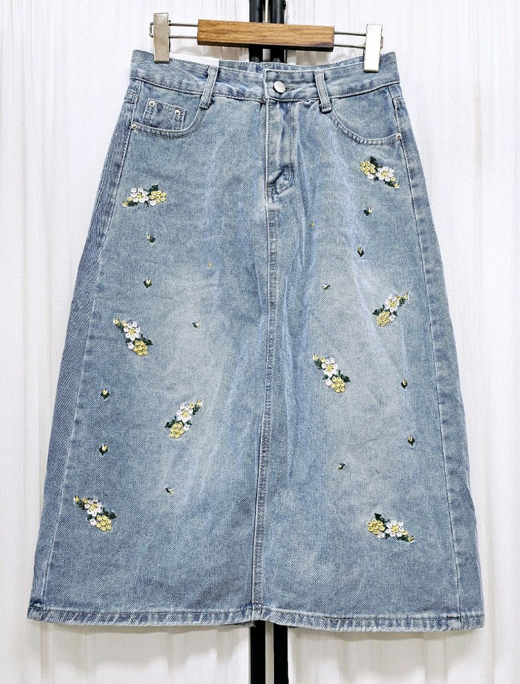 (택새상품)플라워자수 롱데님스커트 청치마--2