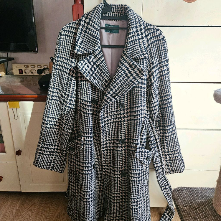 베네통 체크 더블코트--2