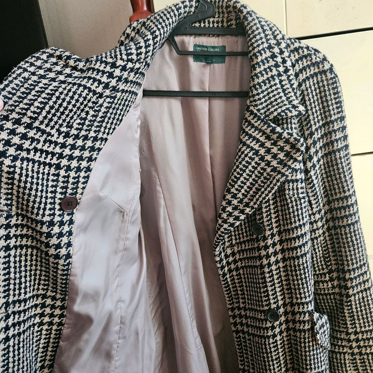 베네통 체크 더블코트--4