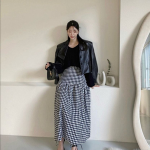 러브미우 카푸치노 깅엄 체크 스커트 드하우 요니핏 리본타이 온무드 업타운홀릭