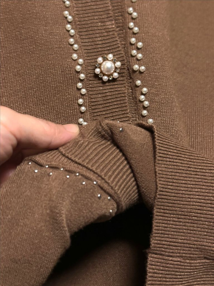 #새상품 : 국내제작 진주 장식 니트 가디건 브라운--3