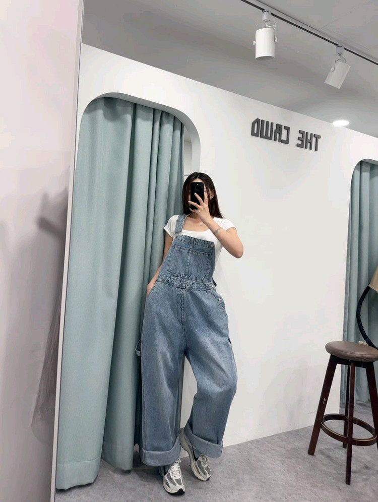 새상품)고퀄 데님 멜빵바지 청멜빵 와이드 청바지 점프수트 수입의류--2