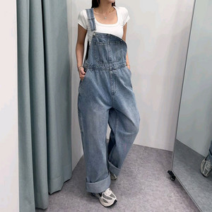 새상품)고퀄 데님 멜빵바지 청멜빵 와이드 청바지 점프수트 수입의류